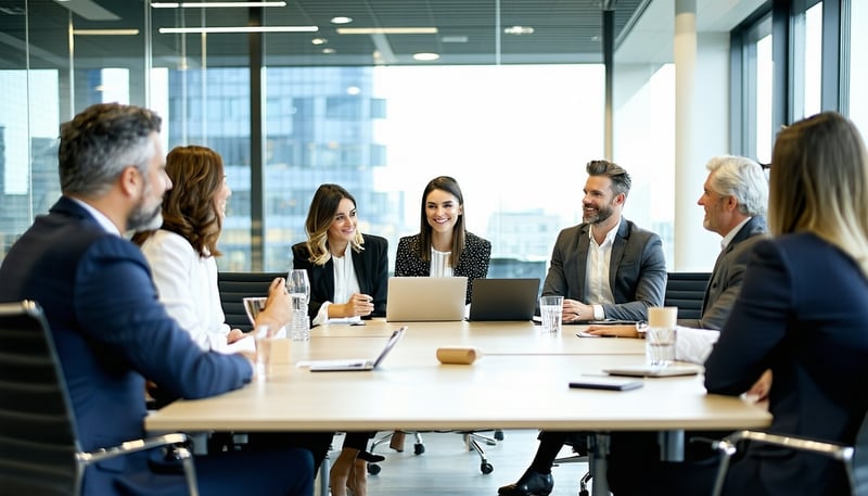 Fractional executive leadership team collaborating in a modern office setting Fractional executive leadership team collaborating in a modern office setting